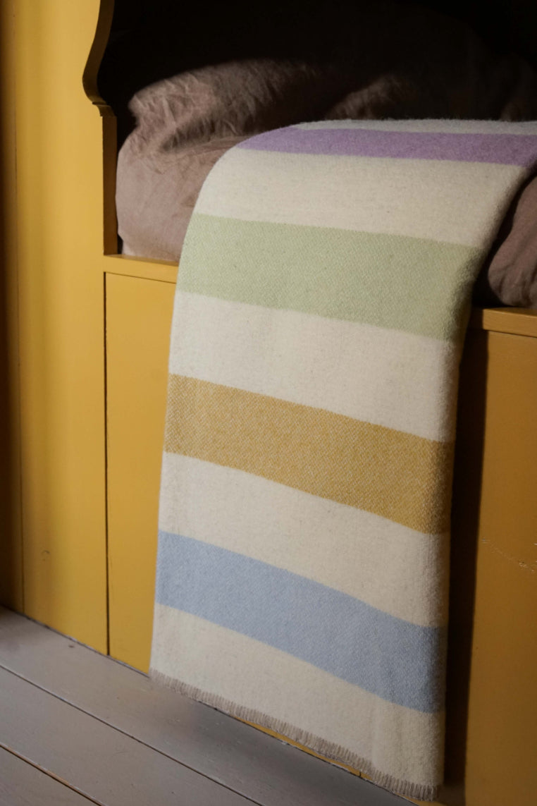  Lavender / Sage / Ochre / Powder Blue striped wool blanket by Drove Weavers.