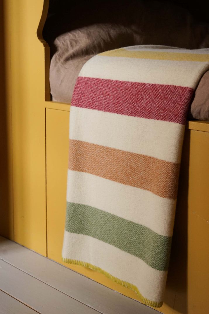  Yellow / Red / Orange / Leaf Green striped wool blanket by Drove Weavers.