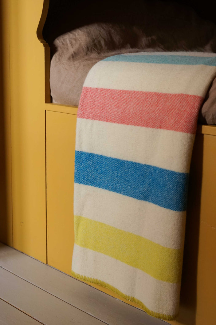  Cyan / Pink / Blue / Yellow striped wool blanket by Drove Weavers.