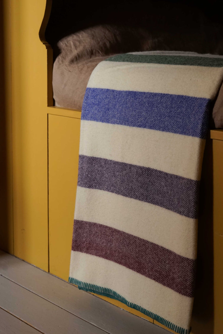  Forest / Ultramarine / Aubergine / Plum striped wool blanket by Drove Weavers.