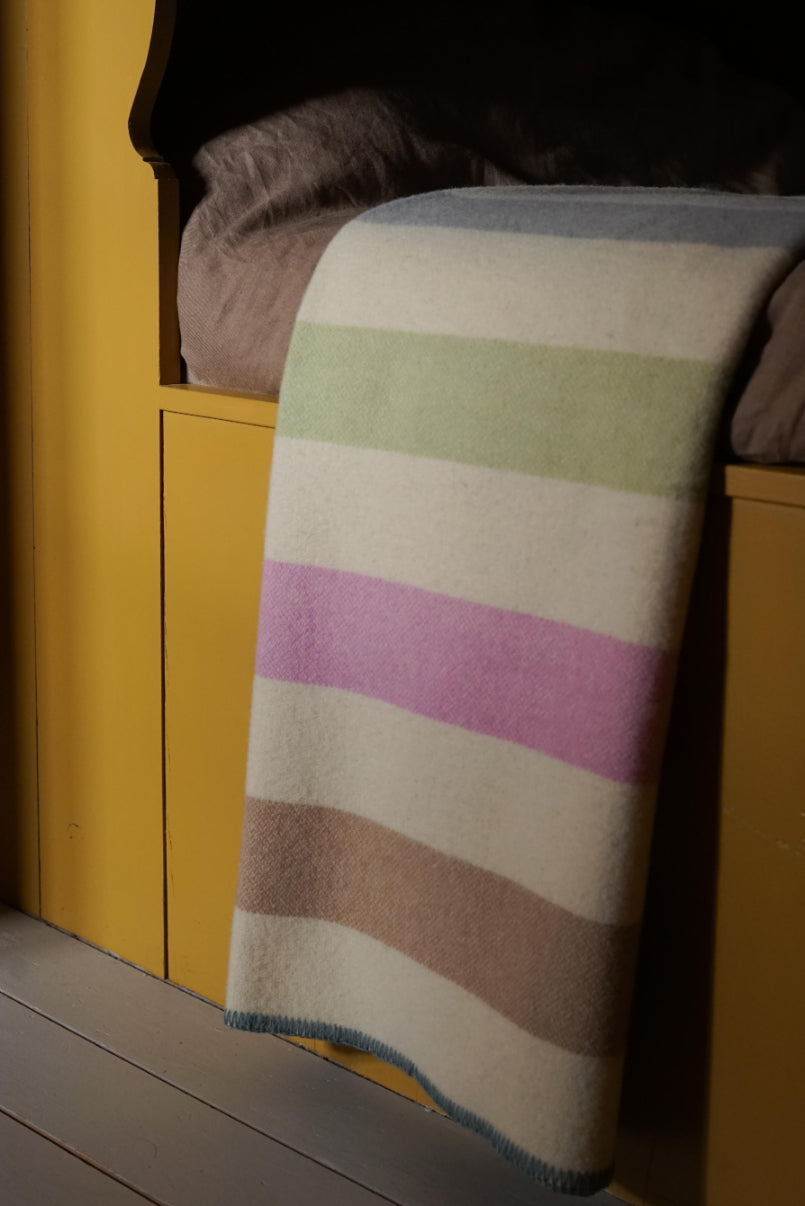  Grey / Sage / Pink / Brown striped wool blanket by Drove Weavers.