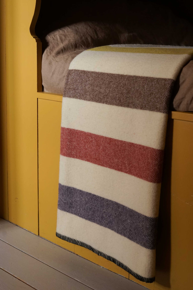  Yellow / Brown / Red / Aubergine striped wool blanket by Drove Weavers.