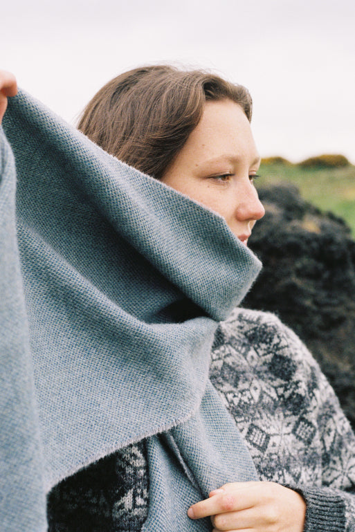 The blue merino scarf. Woven in the Scottish Borders by Drove Weavers.