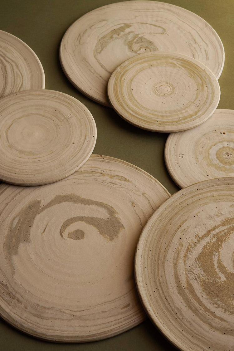  Hand thrown ceramic platters by Emporium Julium using sand from the beaches of Orkney.