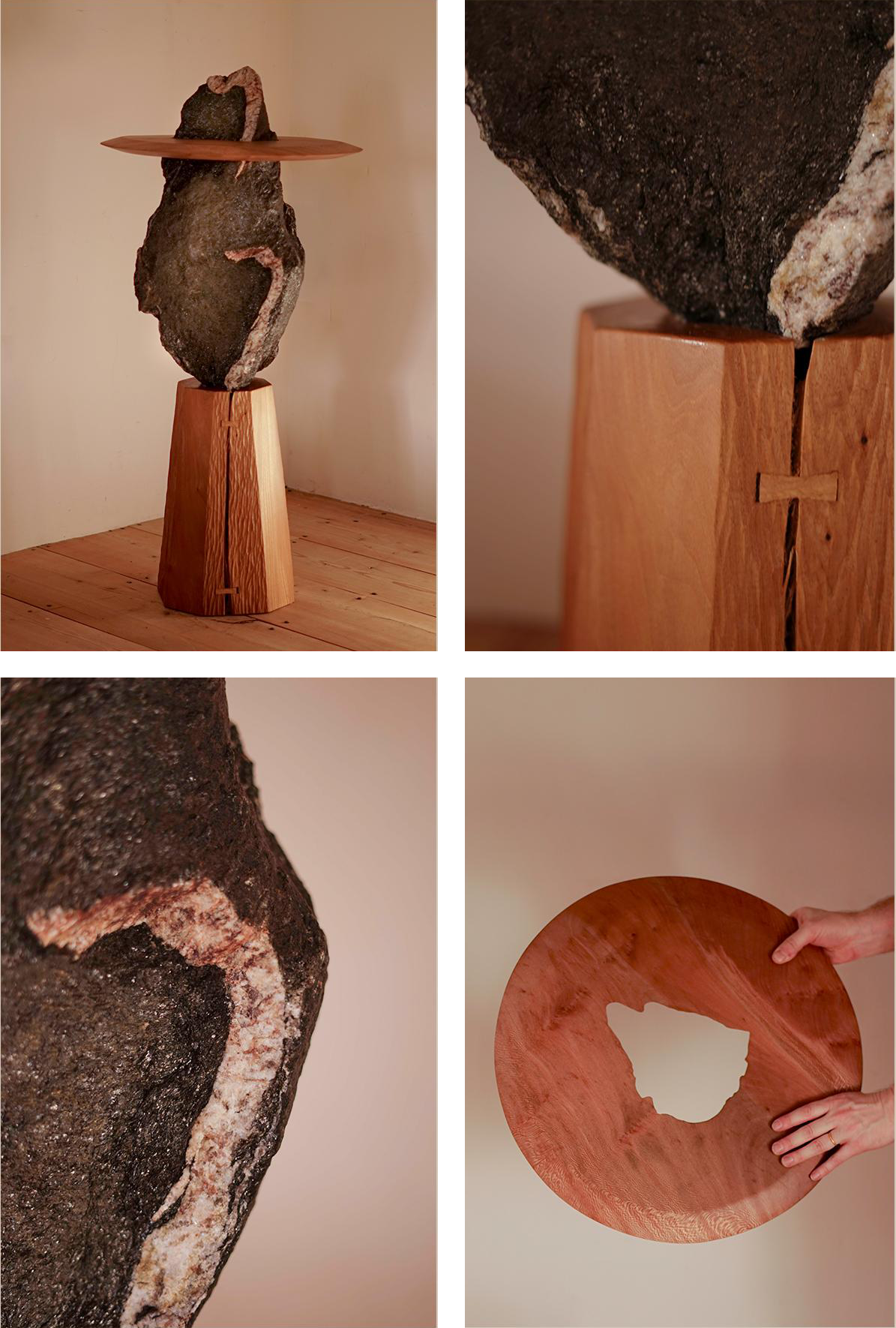  A grid of four images from Oliver Spendley's new collection. The top left image shows the piece in its entirety, the other three images are close ups of the piece, showing the wood and stone materials Oliver has used.