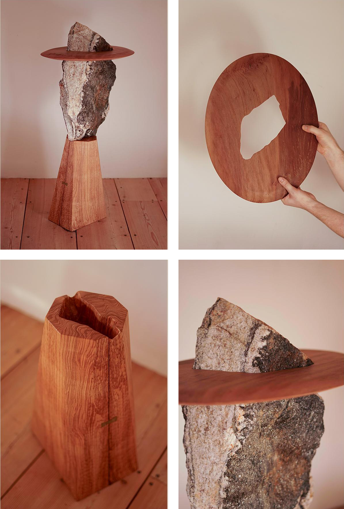  A grid of four images from Oliver Spendley's new collection. The top left image shows the piece in its entirety, the other three images are close ups of the piece, showing the wood and stone materials Oliver has used.