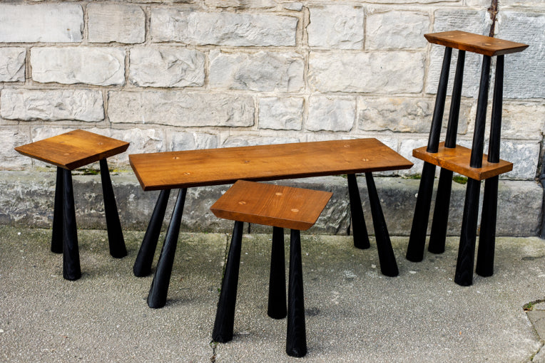 All pieces of the Vernacular Collection by Laurence Veitch. Tops made from Scottish oak and legs turned from Scottish Olive Ash.