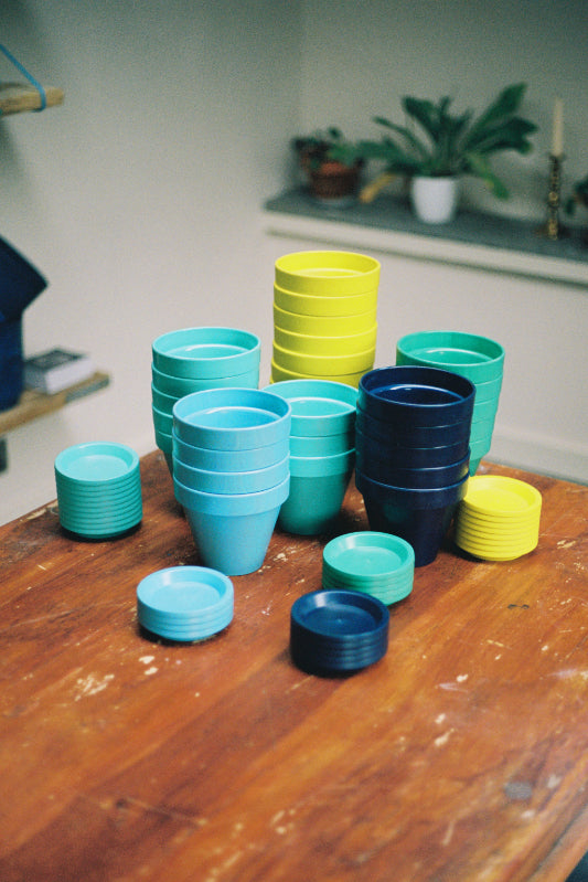 Range of colours of the Chelsea Pot & Saucer's from  Ocean Plastic Pots.