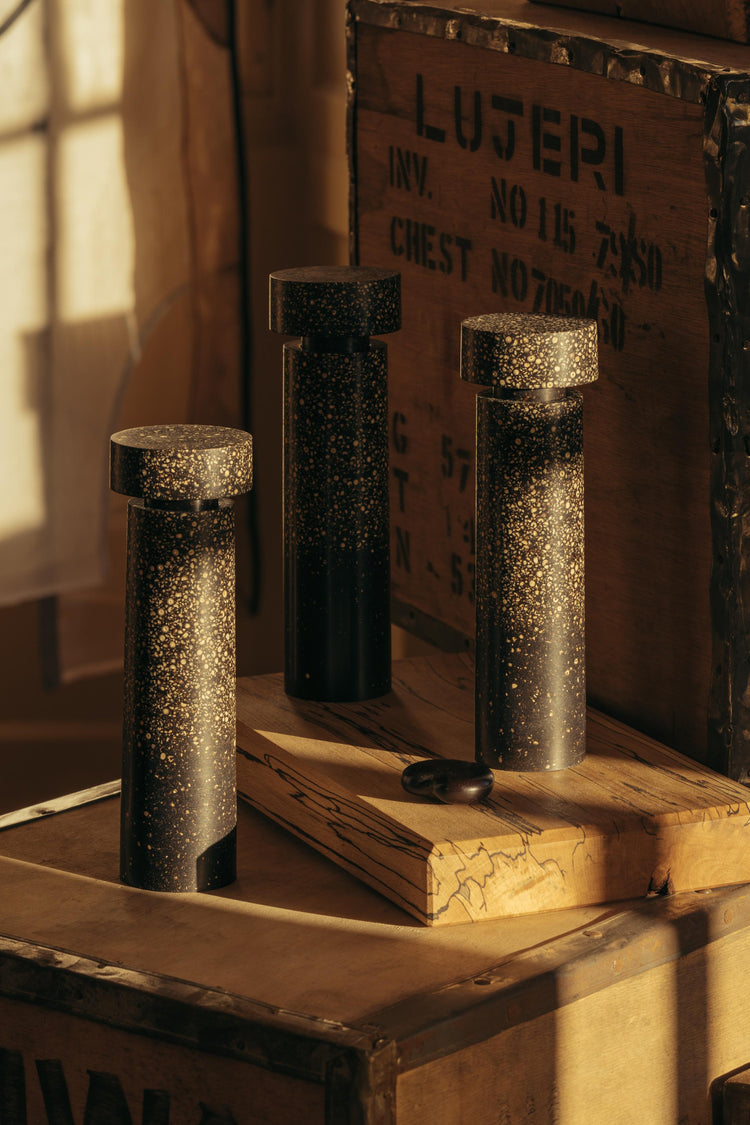  Three Pepper Pepper Mills by Marc Sweeney. Drenched in sunlight at Bard Scotland in Leith. 