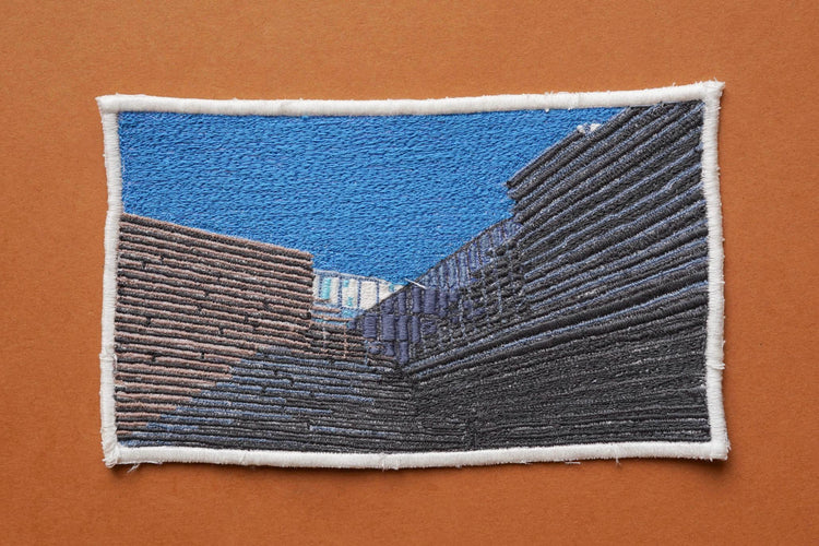  Embroidered Postcard by artist Laura Lees. This postcard is of the V&A Dundee.