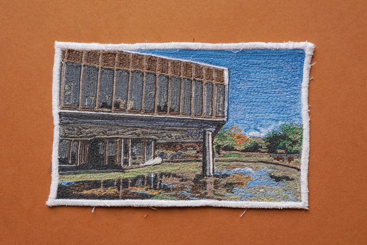  Embroidered Postcard by artist Laura Lees. This postcard depicts a scene at the Scottish Widows Pond.