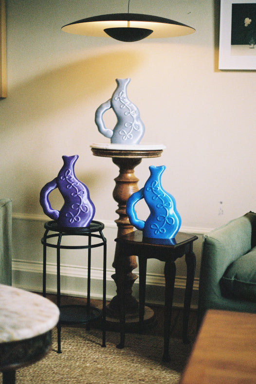 Three vine vases in purple, blue and sky. 3D printed by Soorin Shin of Wobbly Digital Studio.