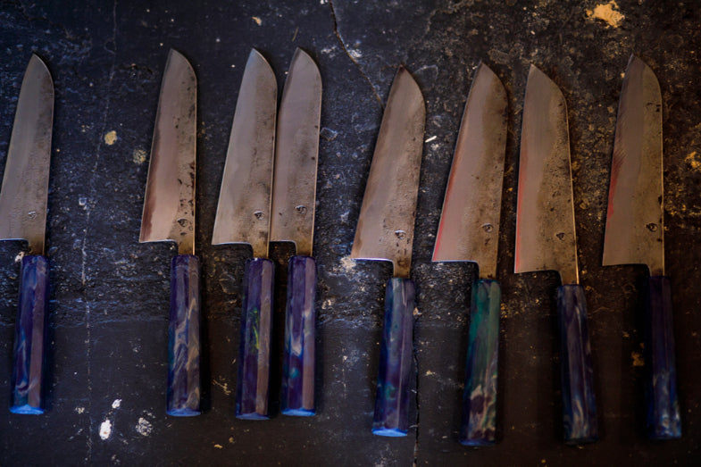 Knives by Clement Knives. Handles made from recycled bullet cartridges and blades from whisky barrel straps. 