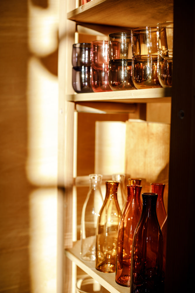 Lindean Mill carafes and cups dazzle in the sunlight.