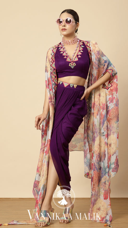 Purple Printed Chinon Dhoti Set