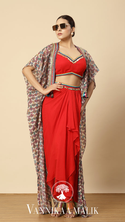 Red Printed Dhoti Set