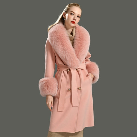 Real Fur Collar Woolen Adjustable Waist Slim Long Women's Overcoat Jacket