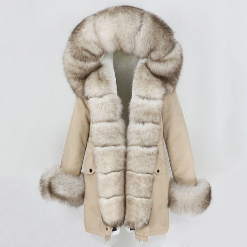 Women Real Fur Hood Coat Natural Real Fur Collar Loose Long Parkas Big Fur Outerwear Detachable