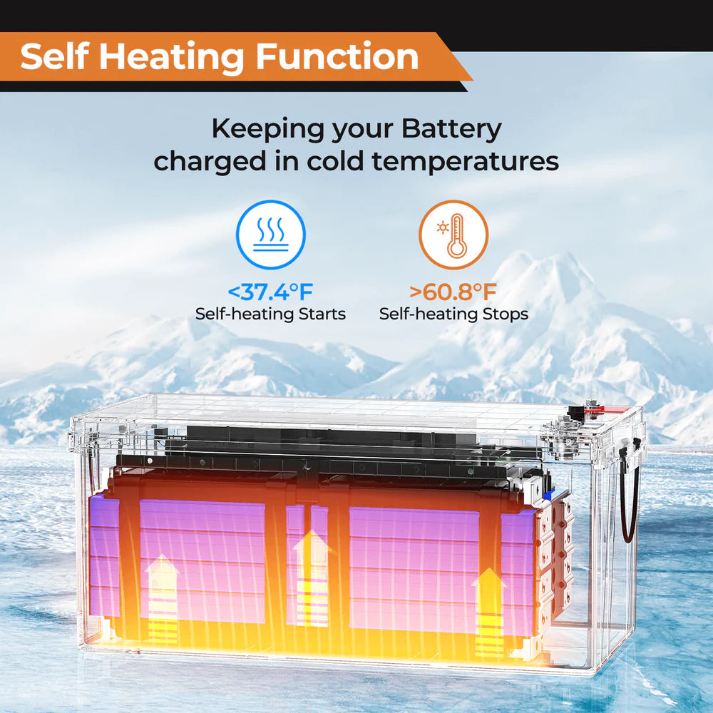 PowerUrus 12V 100Ah Self Heating LiFePO4 Lithium Battery APP and Low T