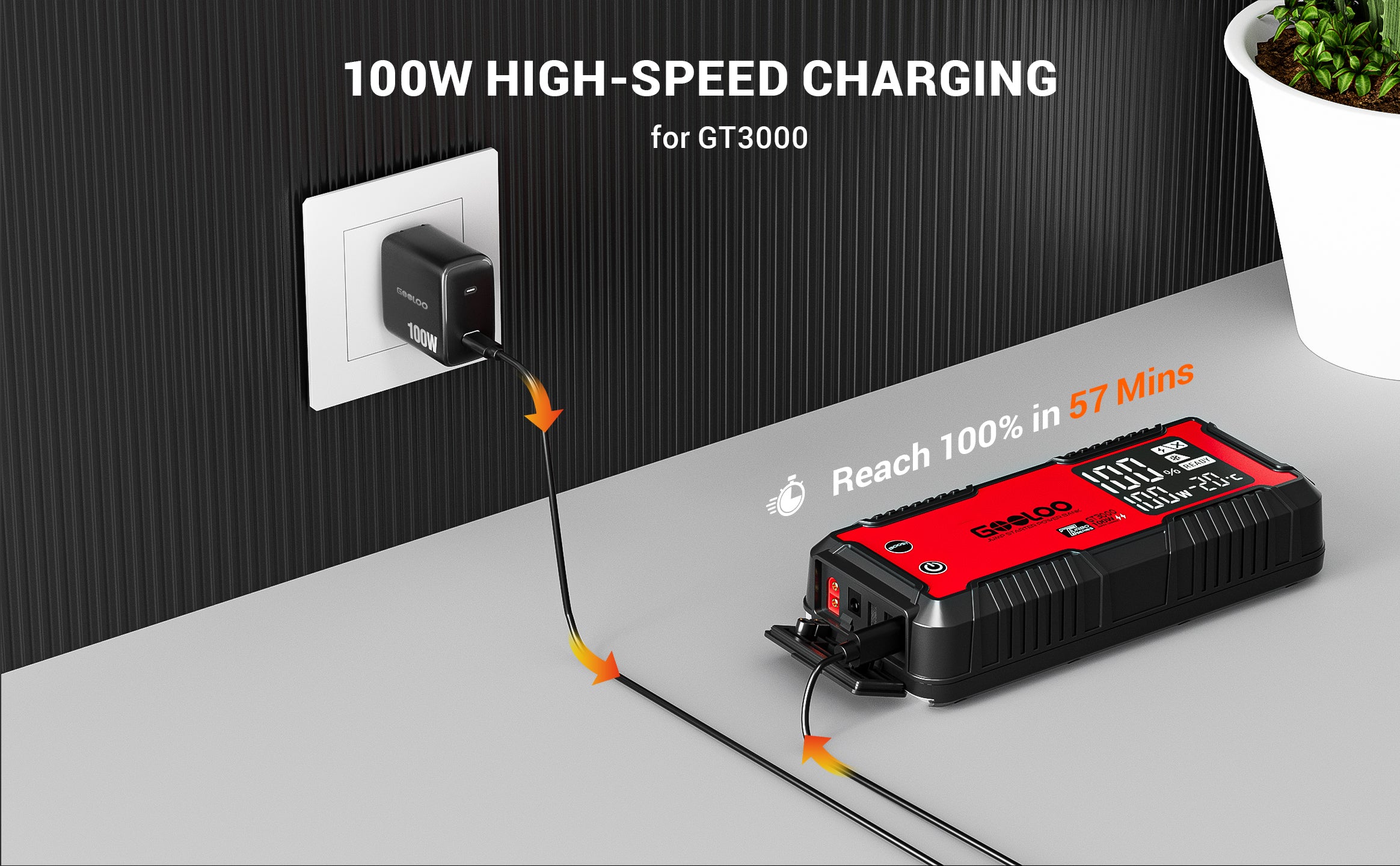 Le chargeur mural 100 W charge le démarreur gt3000 seulement 57 minutes