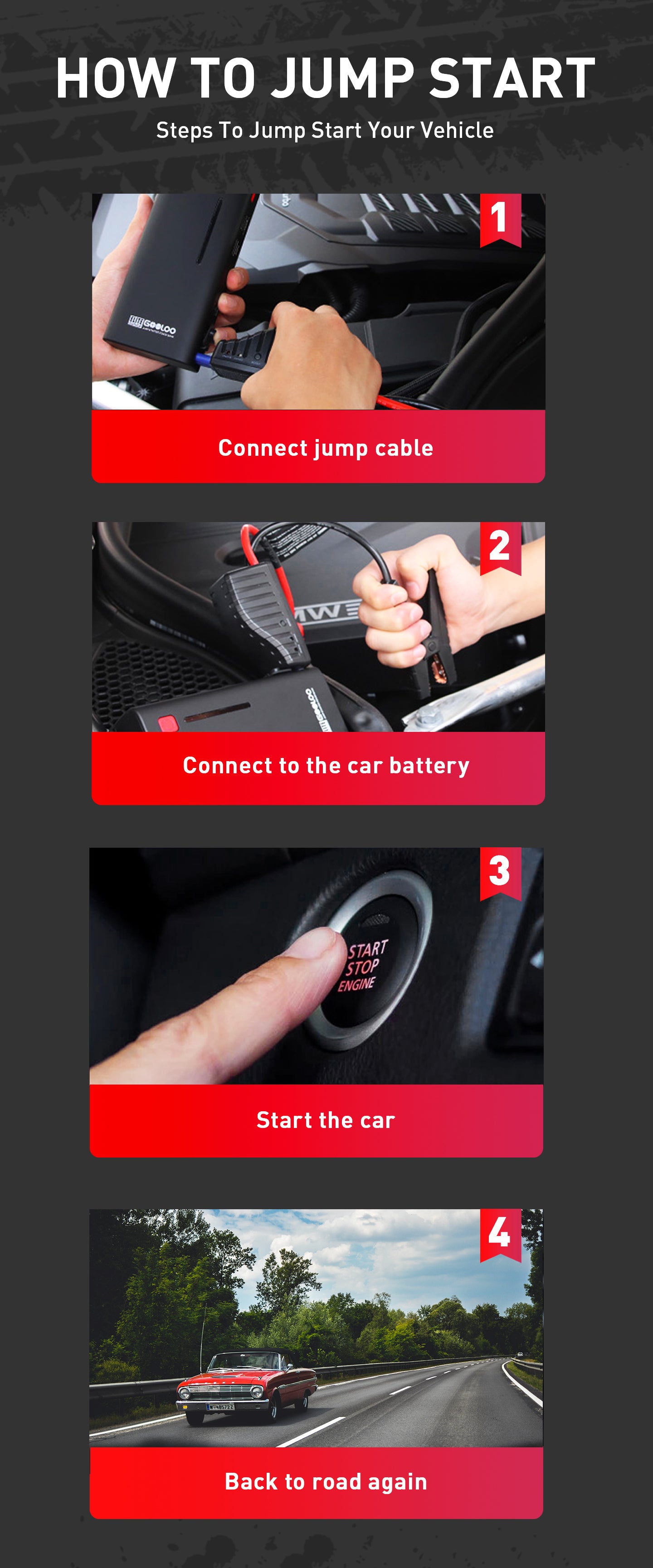 Steps to jump-start vehicle connect to car battery back to road again
