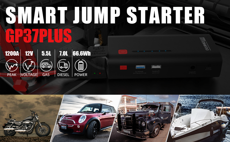 GP37plus,smart jump starter, peak current 1200A, voltage 12v,gas 5.5L,