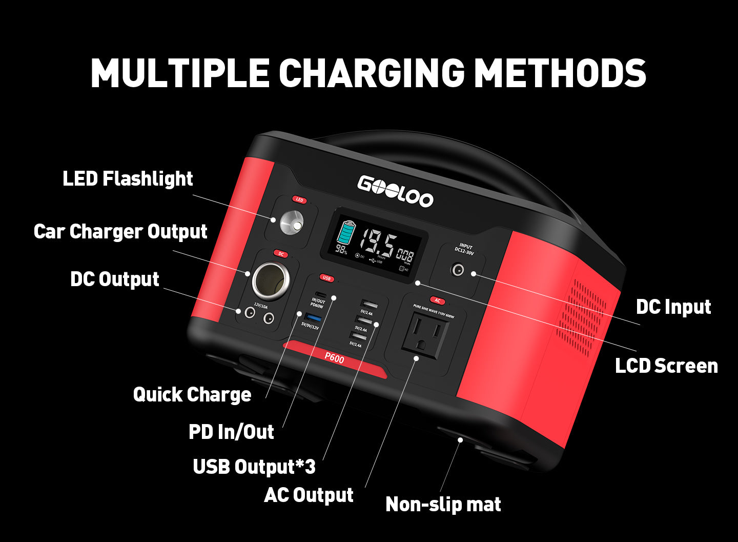 GOOLOO P600 626.4Wh 110V/600W Portable Power Station Solar