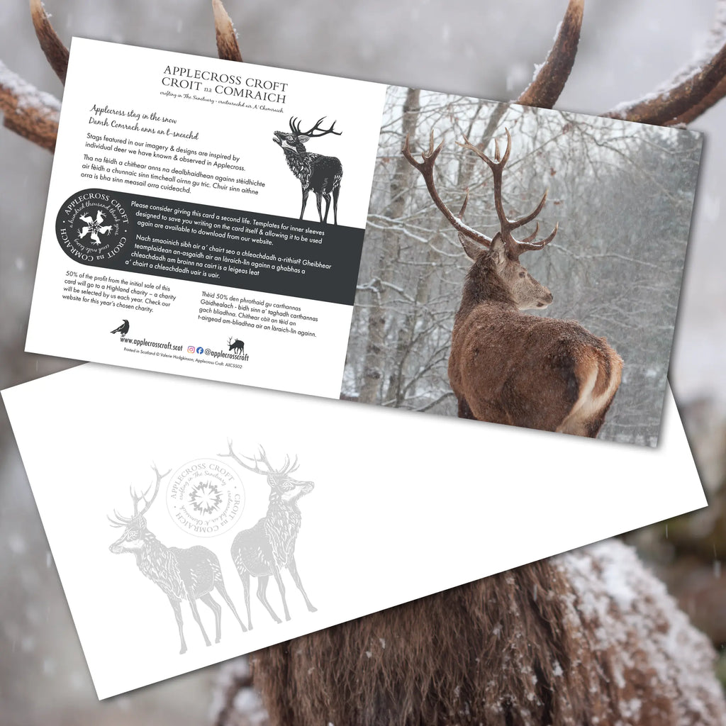 Winter card – Applecross stag in the snow – showing both sides