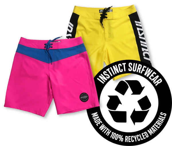 Instinct Surfwear. Made of 100% recycled materials. An image of two bright-coloured boardshorts with a sustainable logo.
