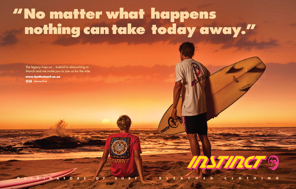 No matter what happens nothing can take today away. Poster image of two surfers on the beach looking at the ocean.