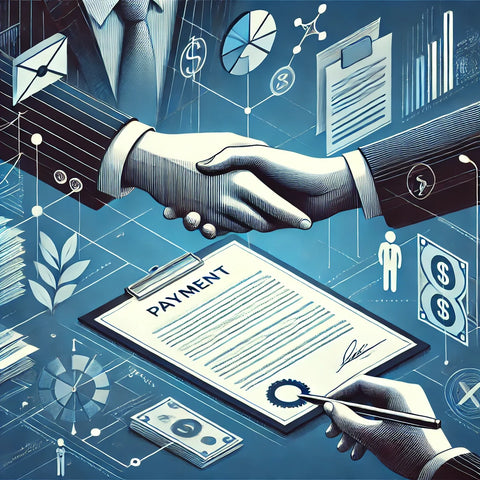Two hands exchanging documents or shaking hands, symbolizing business transactions and agreements. This image reflects financial management and trust in business relationships.