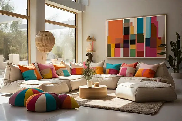 Living room with throw pillows on the couch.