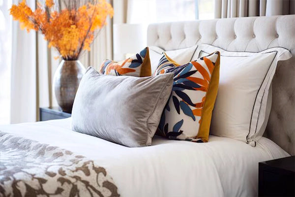 Decorative pillows with 26 x 26 pillow inserts on a bed