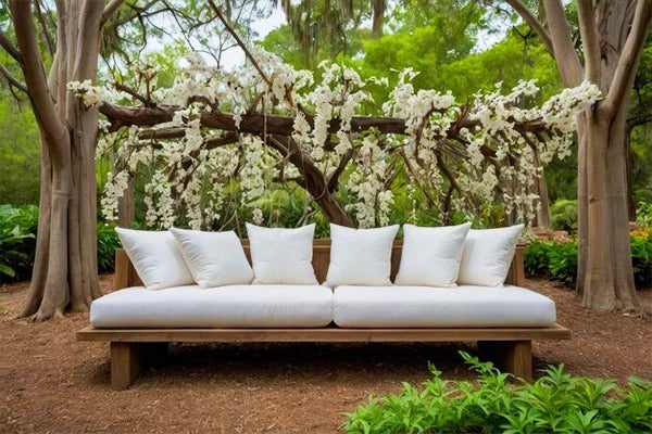 Outdoor seating area with weather-resistant pillow inserts.