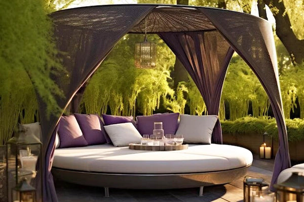 Outdoor seating area with pillows that have our durable inserts inside.