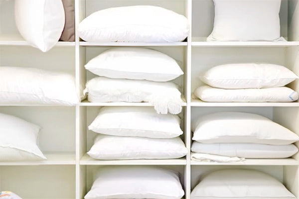 Pillow inserts stored neatly in a closet.