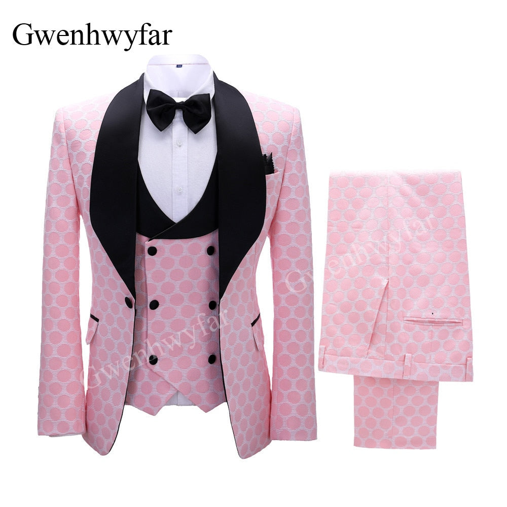 New Polka Dot Suit for Men Custom Made Shawl Lapel Blazer Vest with Pants Fashion Wedding Tuxedos Groomsmen Wear