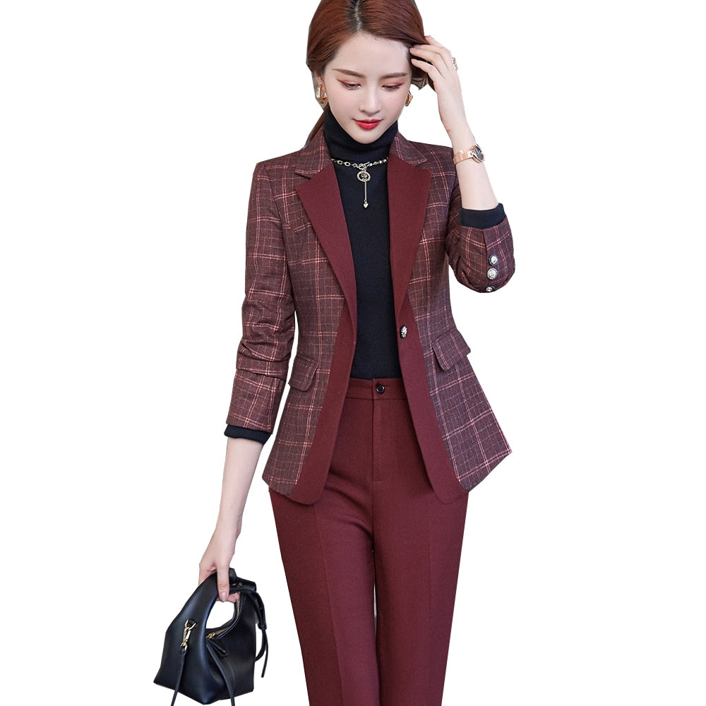 Elegant Ladies Plaid Blazer Pant Suit 2 Piece Set Formal Women Female ...