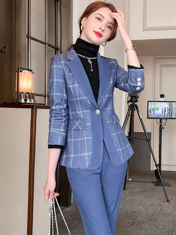 Elegant Ladies Plaid Blazer Pant Suit 2 Piece Set Formal Women Female ...