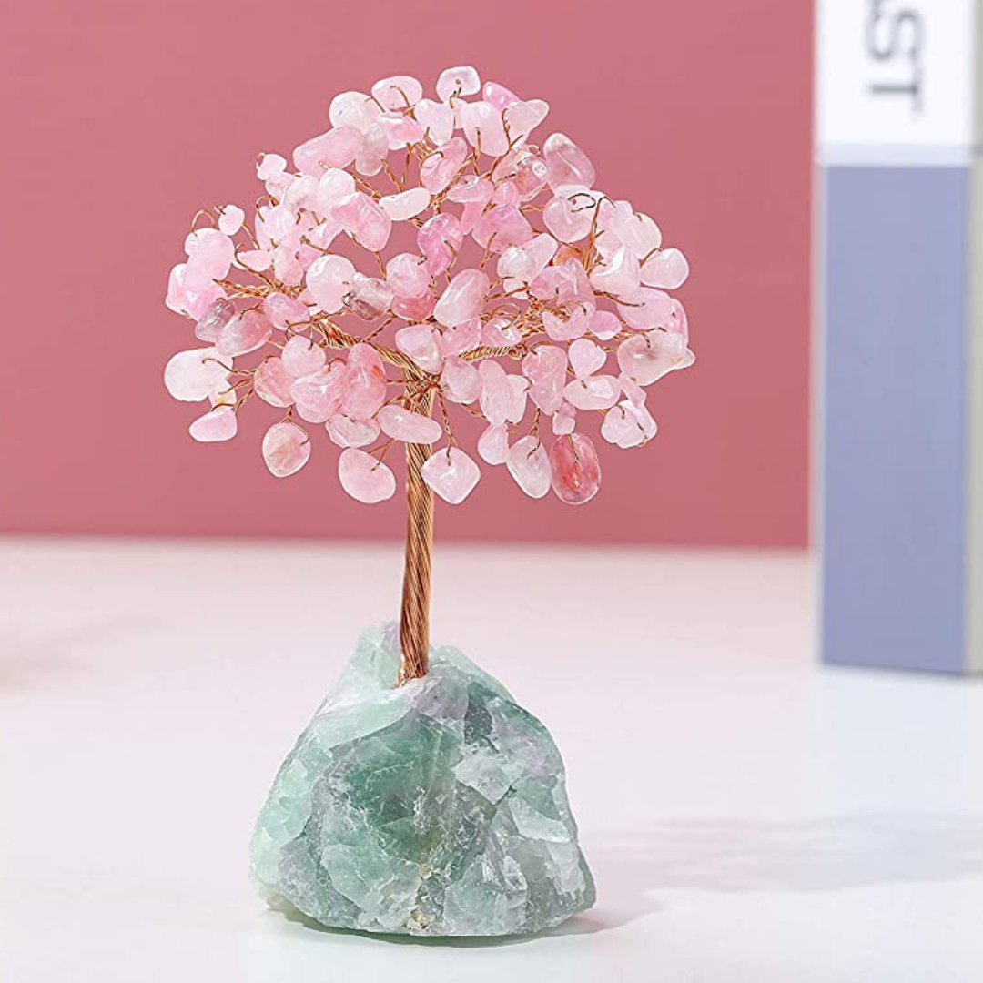 Rose Quartz Crystal Fortune Tree with Fluorite Base (13cm / 5.12 inches)