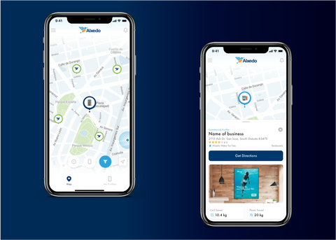 Dos celulares con Alxedo App, uno con un mapa y otro con datos del negocio.
