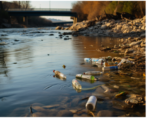 Agua contaminada con botellas y cerca de un puente.