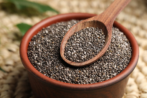 Chia Seeds in a Wooden Bowl with a Wooden Spoon