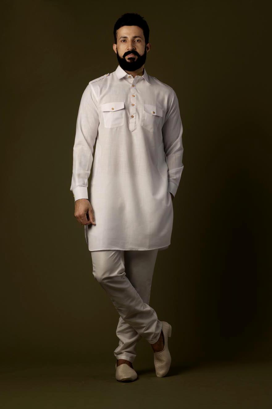 Yellow Slim Fit Men's Pathani Set in Cotton | Shreeman
