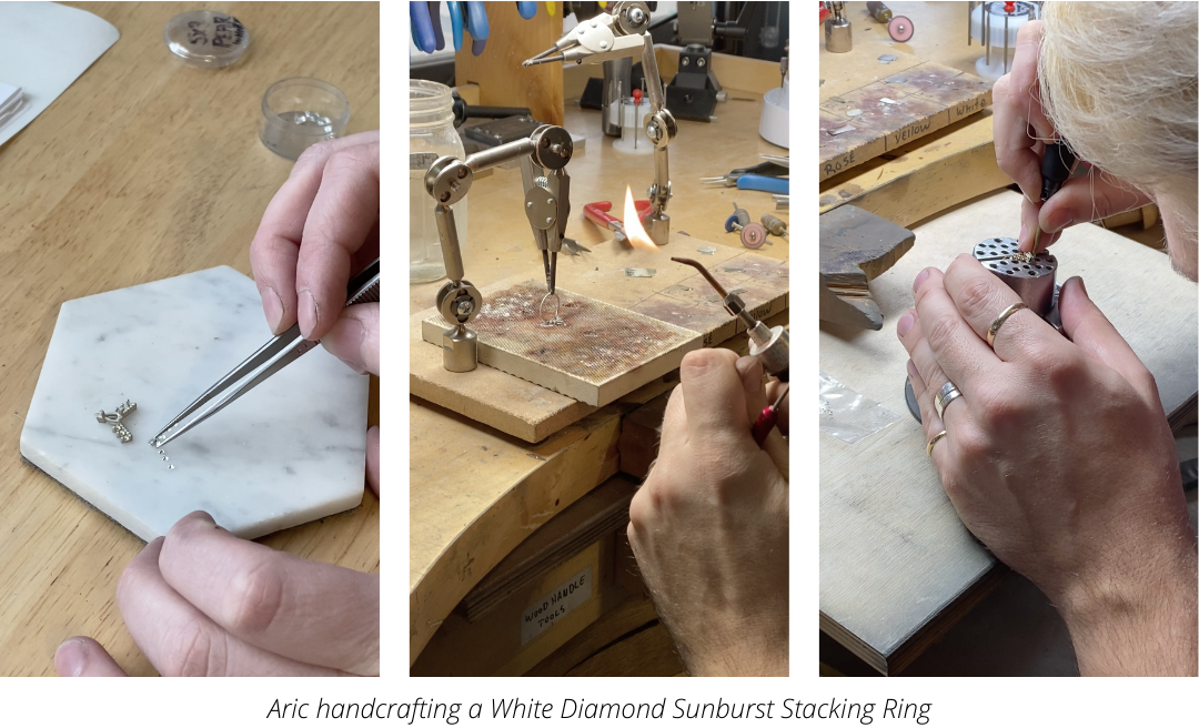 Jeweler handcrafting a white diamond sunburst stacking ring