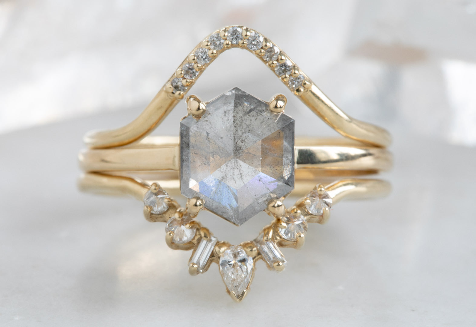 Opalescent Grey Hexagon Diamond Engagement Ring & Alexis Russell