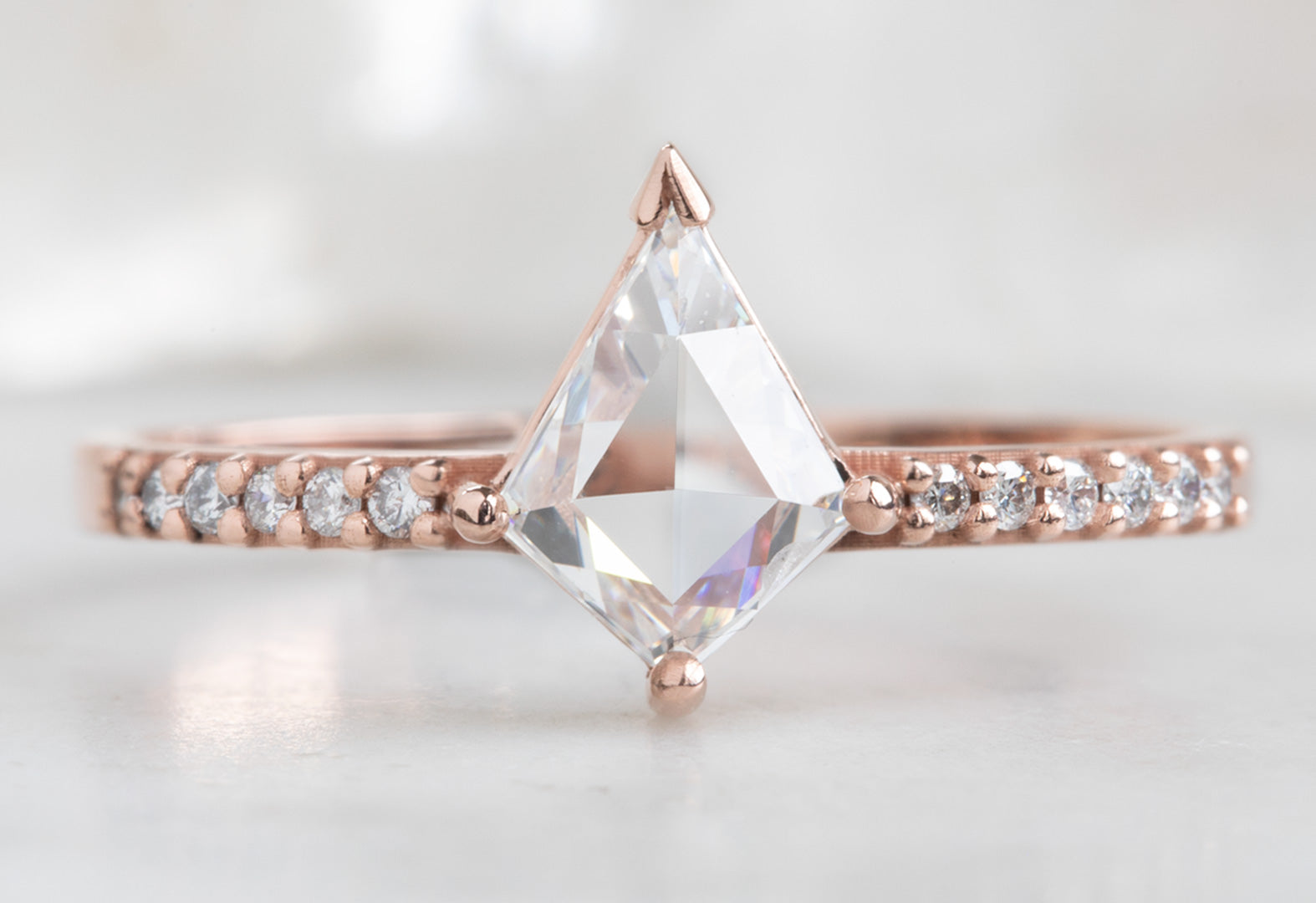 Kite-Shaped White Diamond Engagement Ring with Pavé Band – Alexis Russell