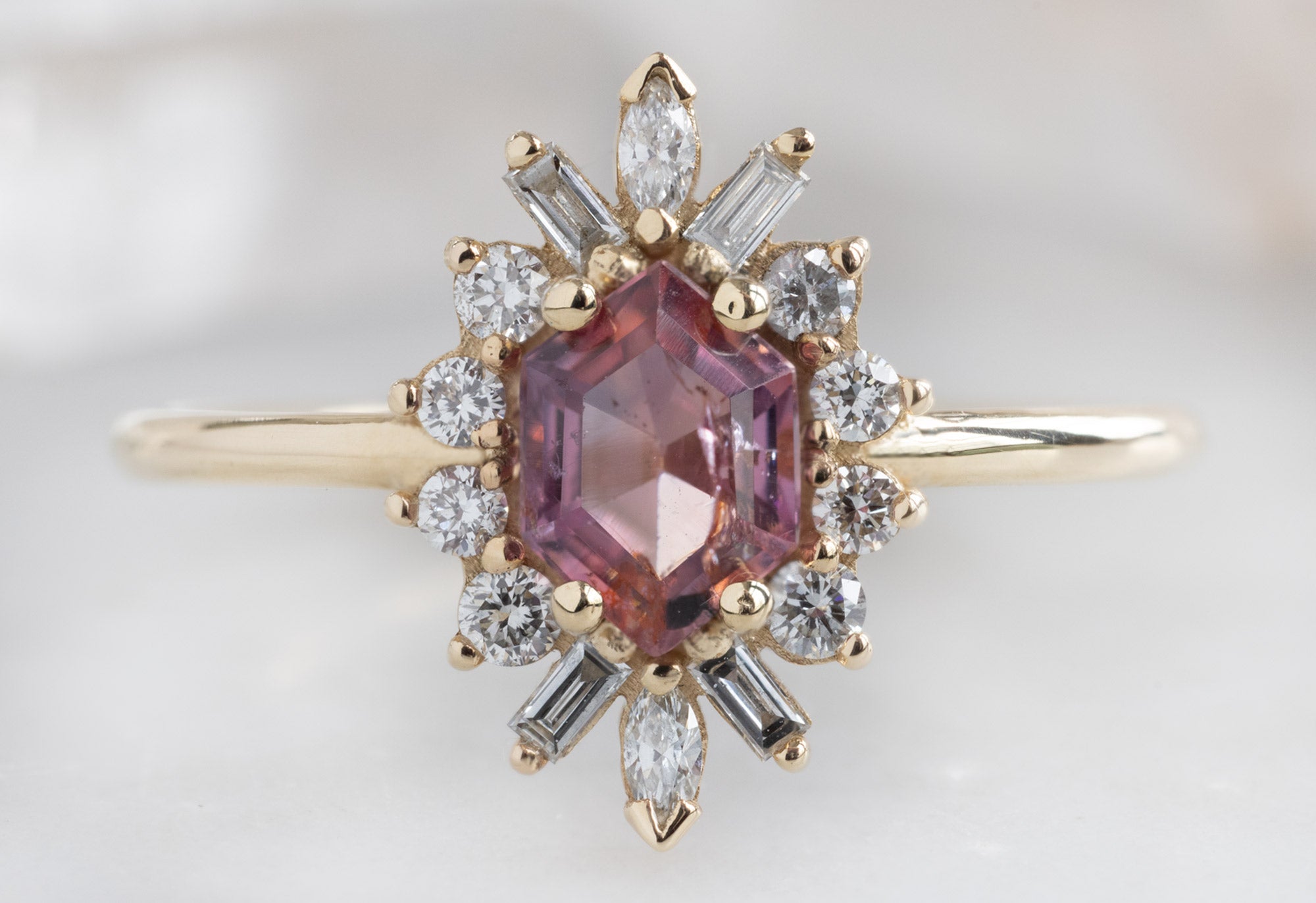 The Camellia Ring with a Sunset Sapphire Hexagon & Alexis Russell