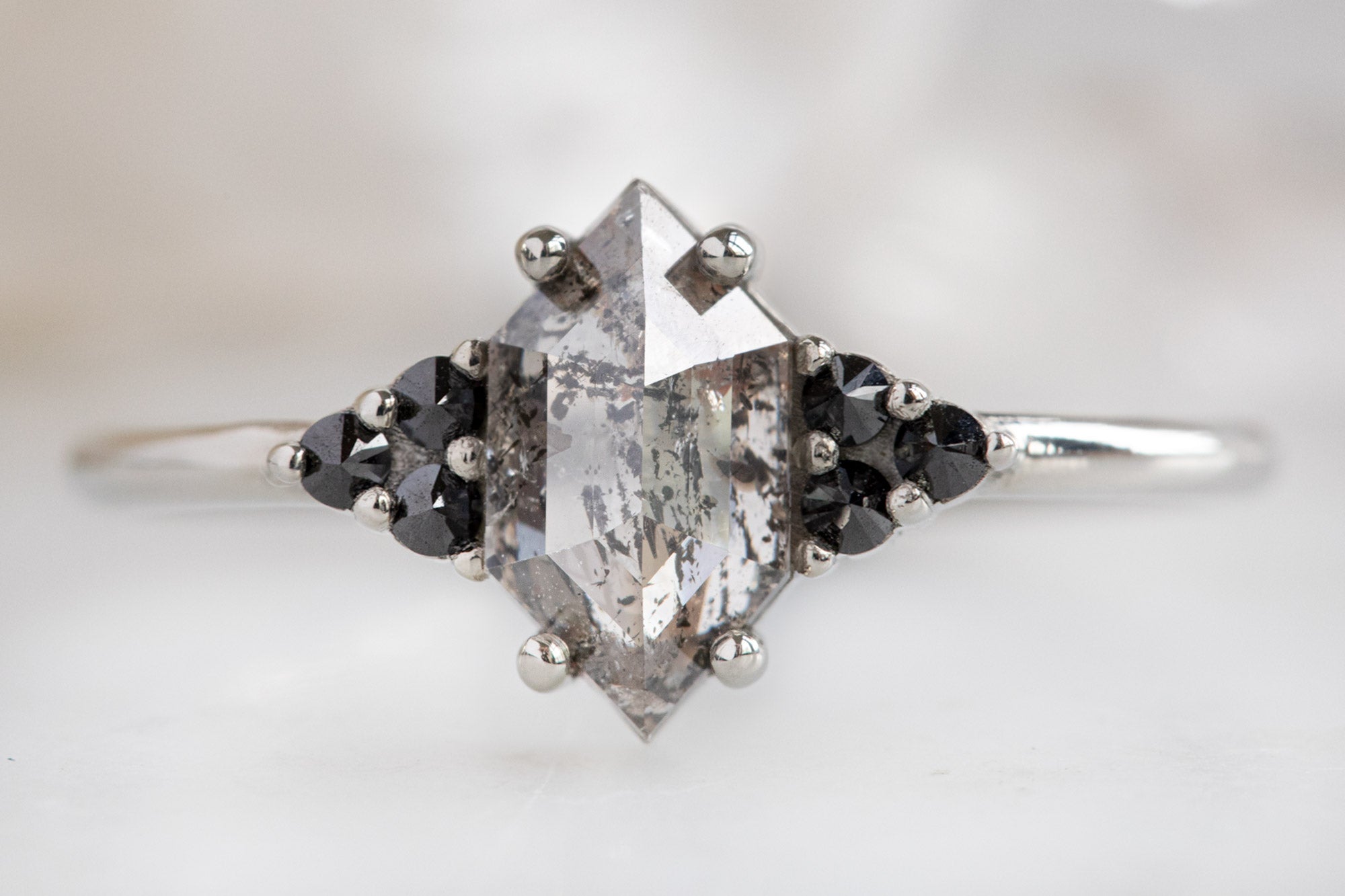 The Ivy Ring with a Salt and Pepper Hexagon Diamond