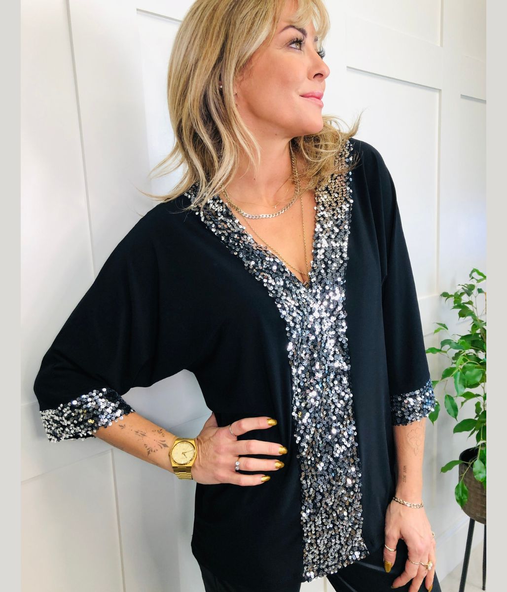 Black and Silver Sequin Tunic Top  Size 10